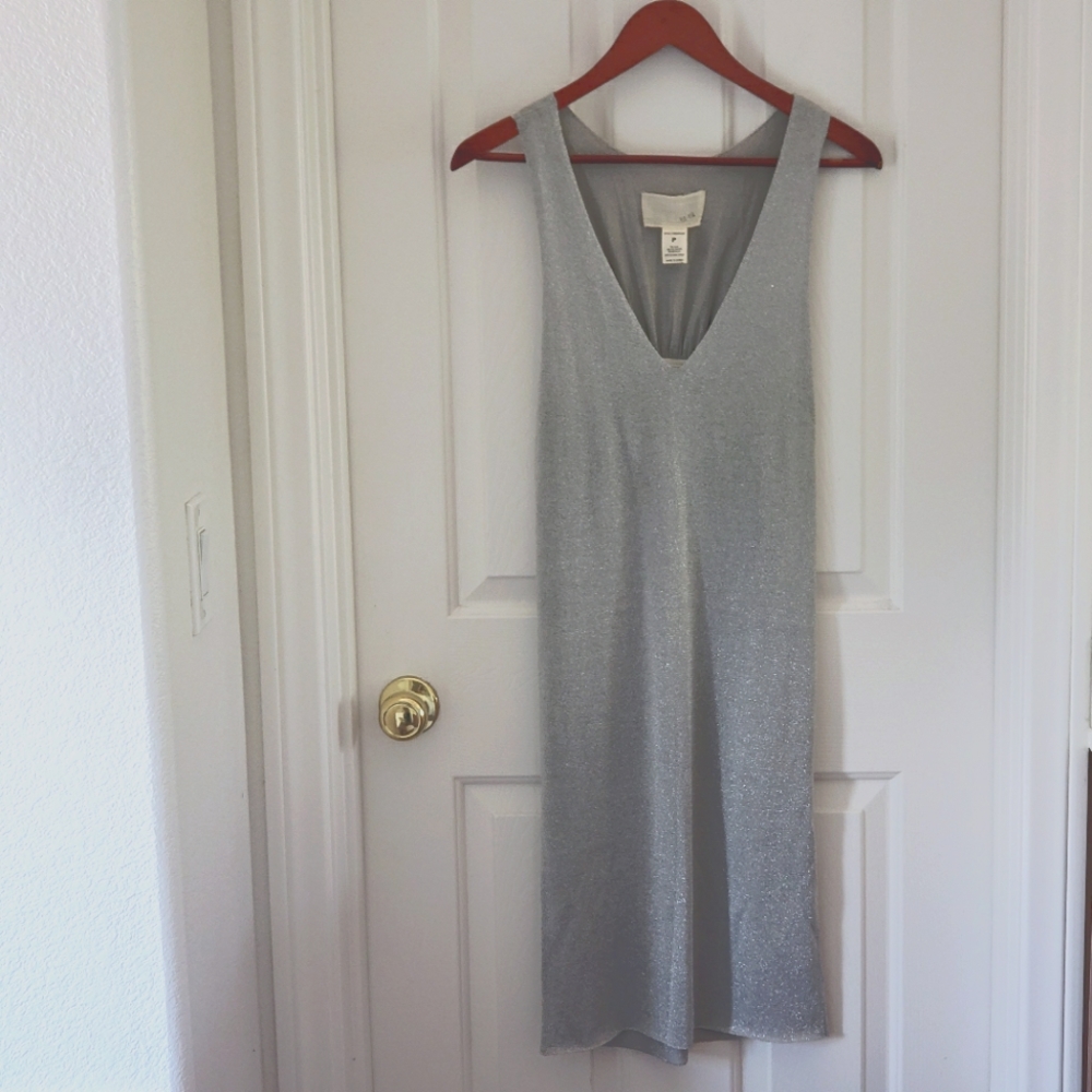 NWOT Ya-Ya Silver Glitter Mettalic Sleeveless Midi Dress Sz Petite